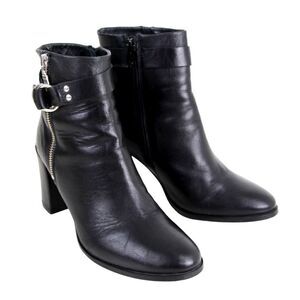 The White Company BLACK GENUINE LEATHER HIGH HEEL BELTED ZIP ANKLE BOOTS Size 38